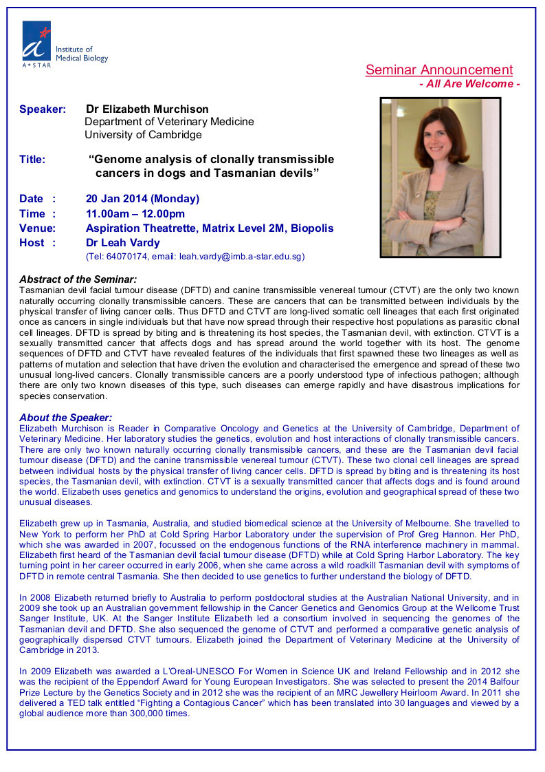 IMB Seminar – Dr Elizabeth Murchison - NUS CSI